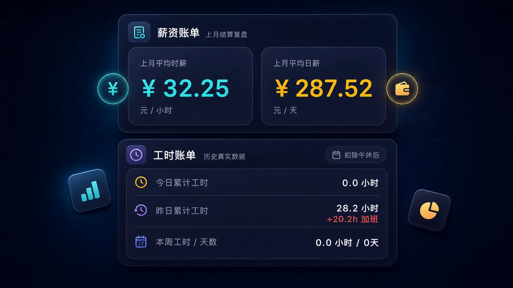 牛马日志加班和薪资估算账单示意图